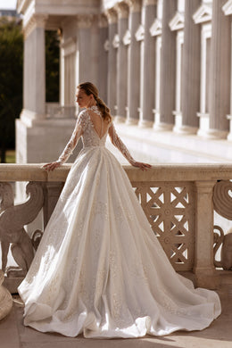 Ball Gown Wedding Dress With Lace Appliqués And Beading, Illusion High Neckline, Long Sleeves, Sparkle Tulle Skirt And Cathedral Train