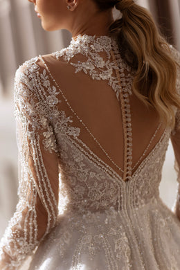 Ball Gown Wedding Dress With Lace Appliqués And Beading, Illusion High Neckline, Long Sleeves, Sparkle Tulle Skirt And Cathedral Train