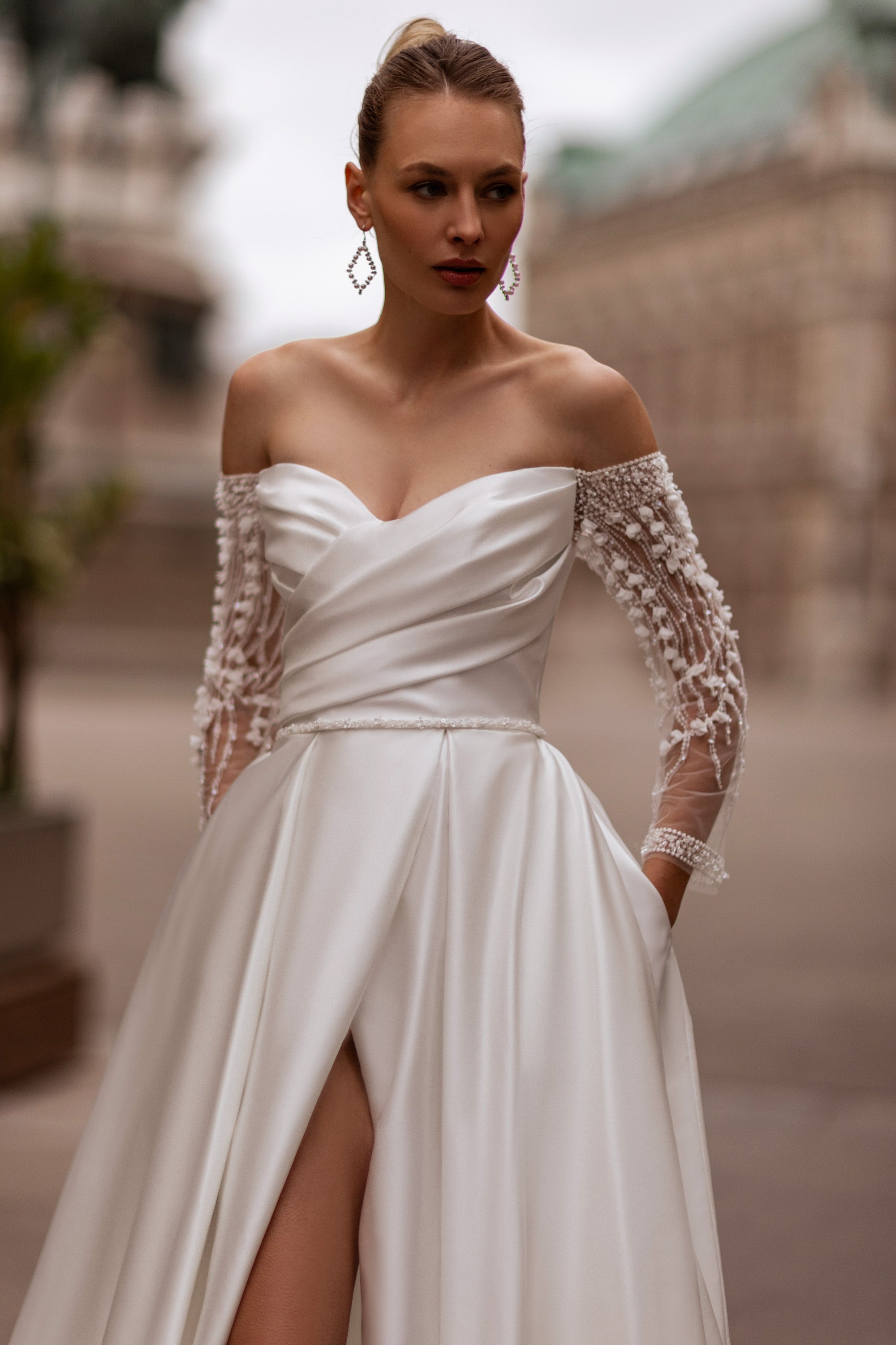 A-Line Satin Dress With Lace Appliqués, Off-the-Shoulder Neckline, Long Sleeves, Cathedral Train