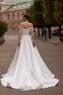 A-Line Satin Dress With Lace Appliqués, Off-the-Shoulder Neckline, Long Sleeves, Cathedral Train