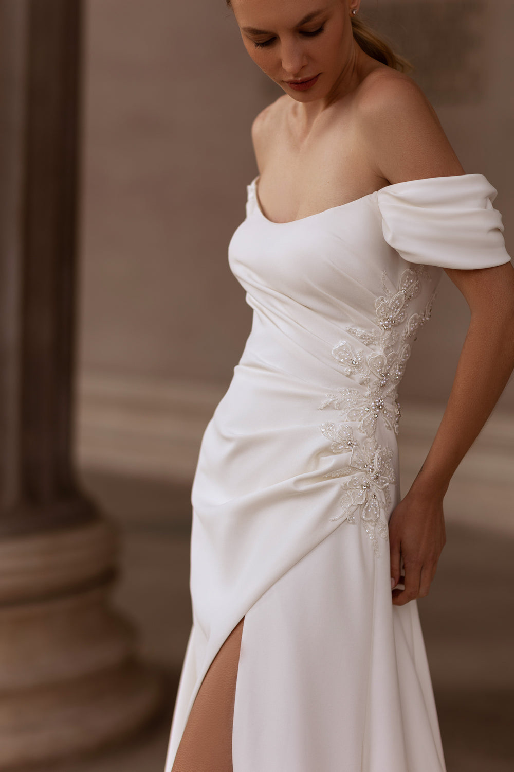 Romantic Sheath Satin Dress With 3D Floral Appliqués, Illusion Off-The-Shoulder Neckline, Illusion Long Sleeves, Cathedral Train