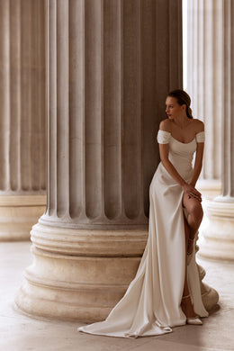 Romantic Sheath Satin Dress With 3D Floral Appliqués, Illusion Off-The-Shoulder Neckline, Illusion Long Sleeves, Cathedral Train
