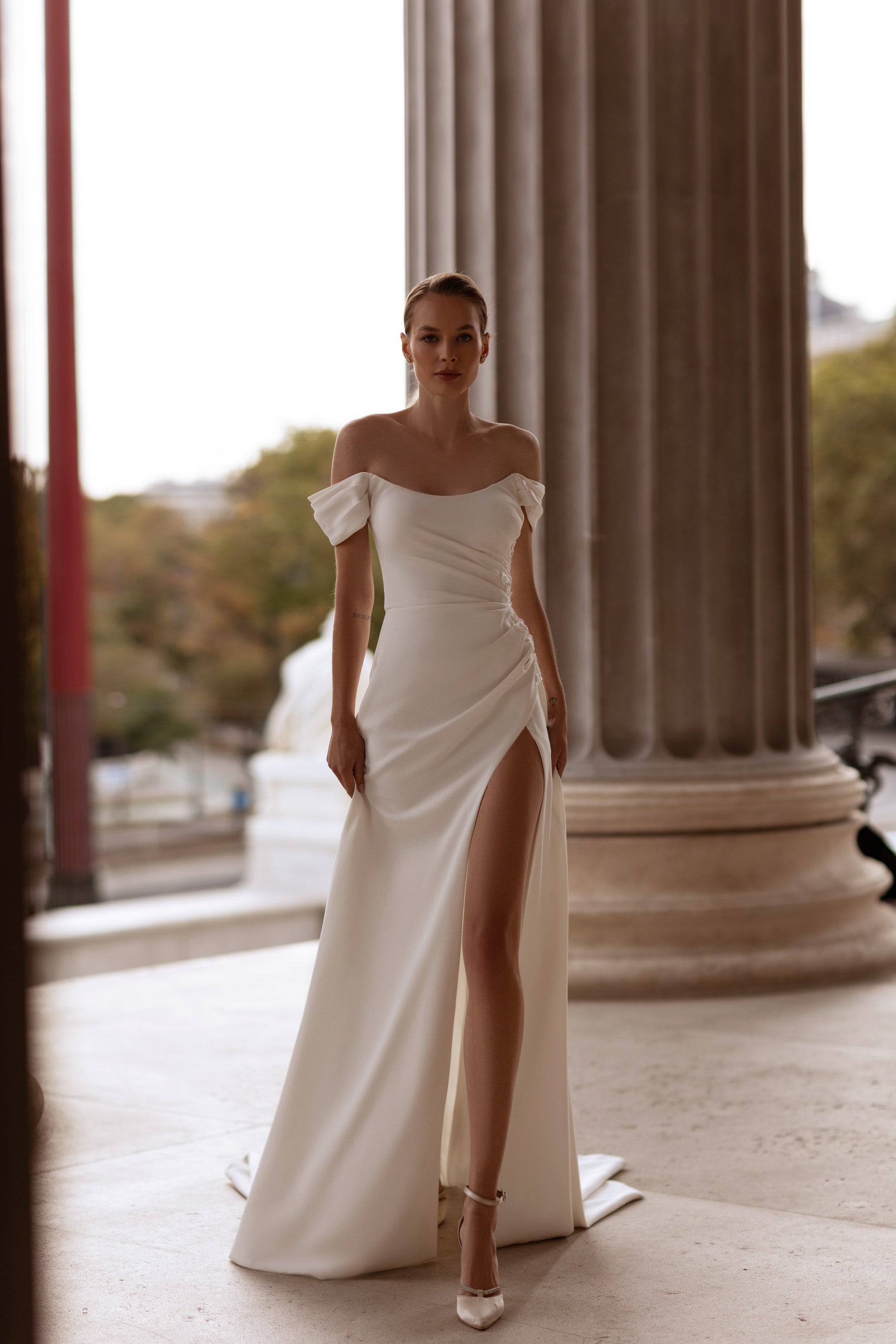 Romantic Sheath Satin Dress With 3D Floral Appliqués, Illusion Off-The-Shoulder Neckline, Illusion Long Sleeves, Cathedral Train