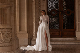A-Line Wedding Dress with Beading on Bodice, High Neckline, Long Sleeves, Satin Skirt, Cathedral Train