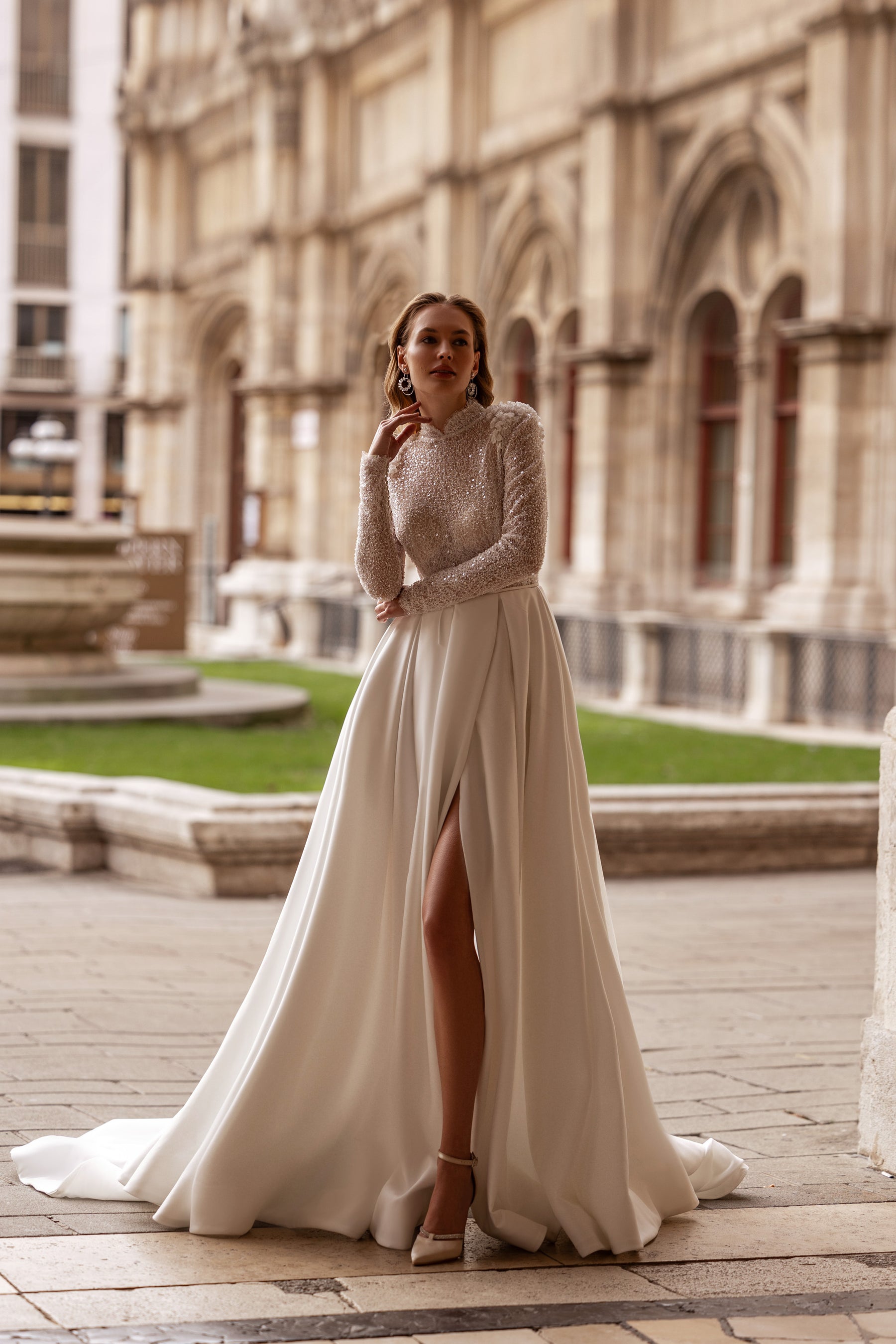 A-Line Wedding Dress with Beading on Bodice, High Neckline, Long Sleeves, Satin Skirt, Cathedral Train