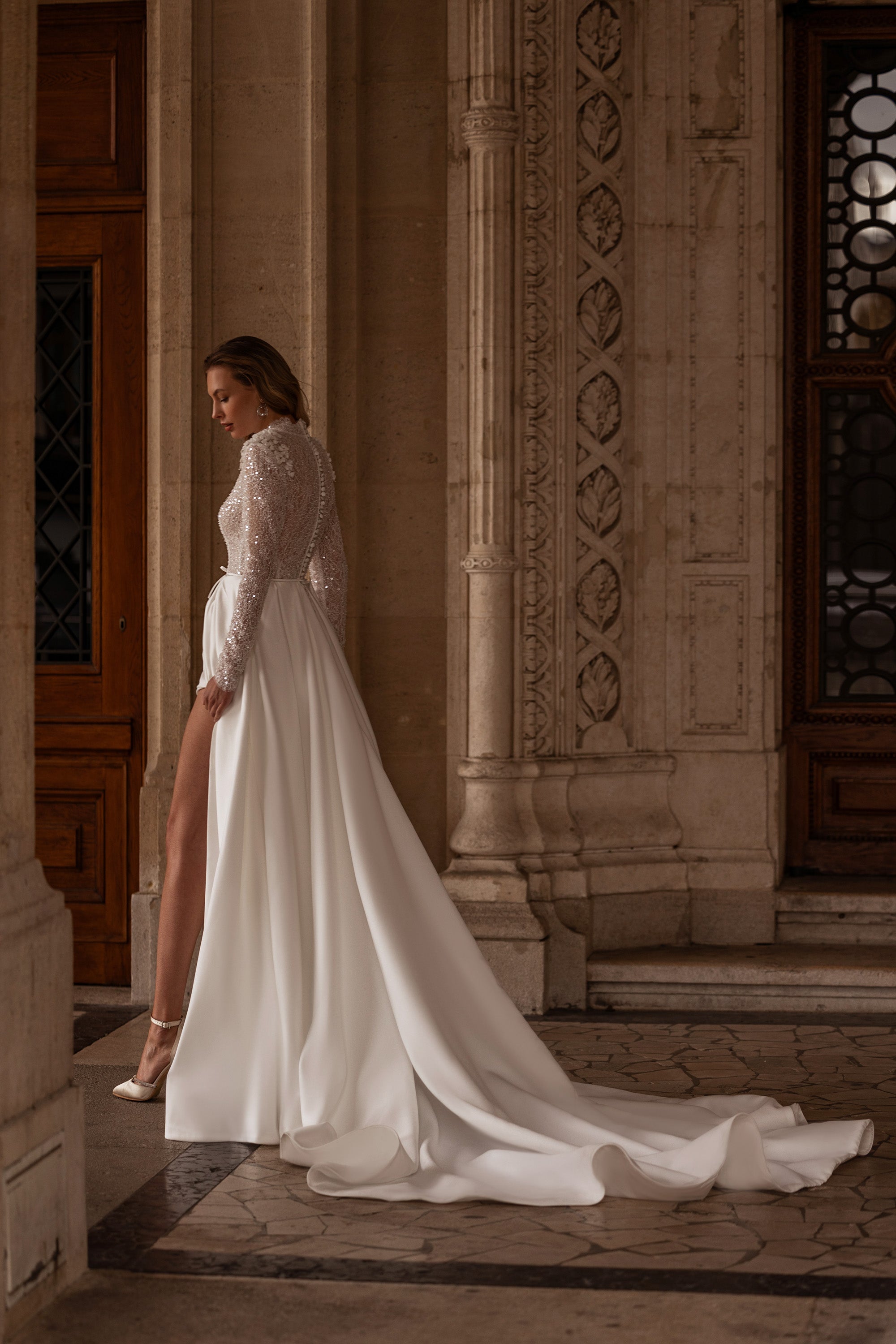 A-Line Wedding Dress with Beading on Bodice, High Neckline, Long Sleeves, Satin Skirt, Cathedral Train