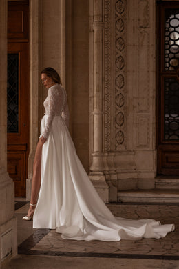 A-Line Wedding Dress with Beading on Bodice, High Neckline, Long Sleeves, Satin Skirt, Cathedral Train