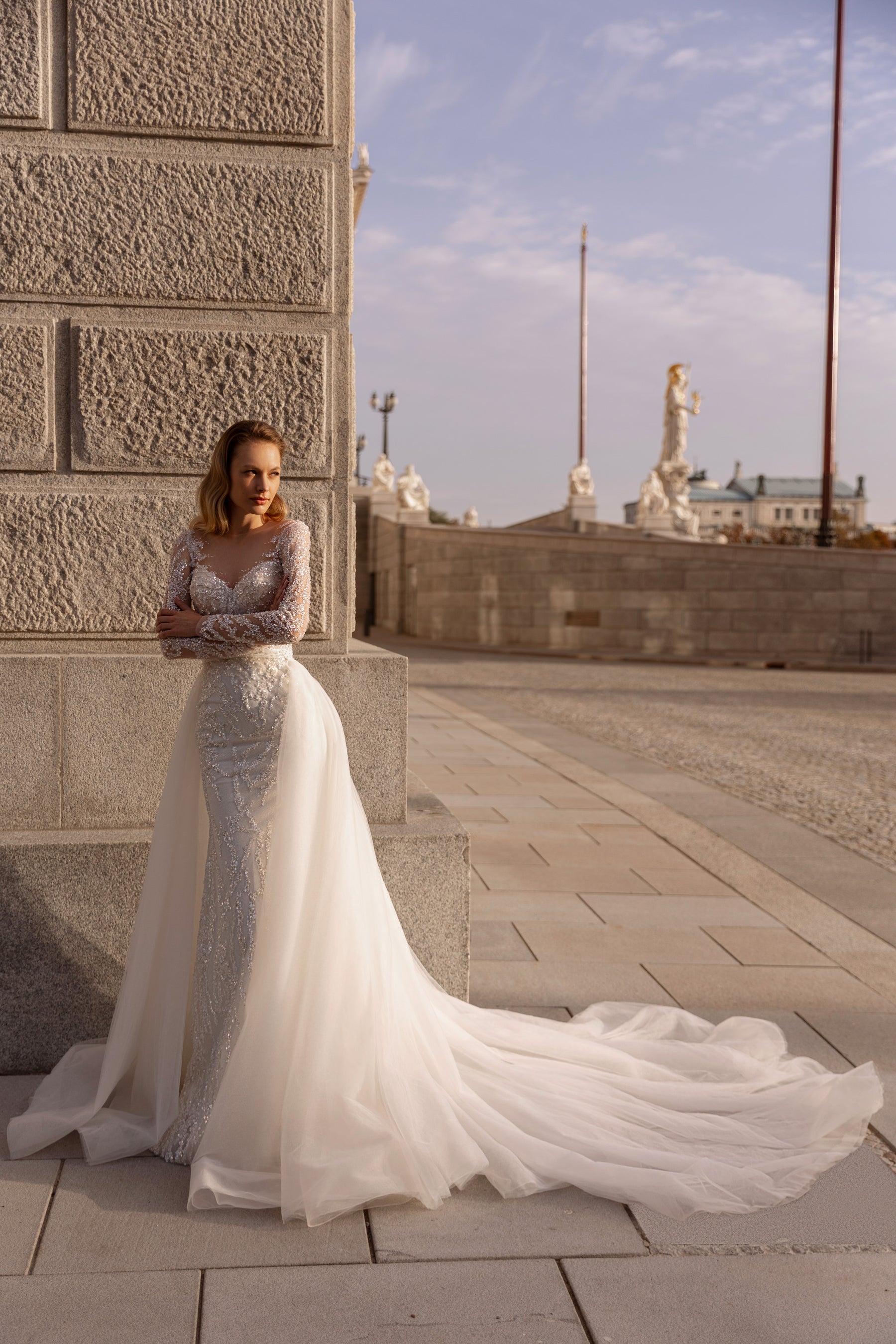 Mermaid Wedding Dress with Lace Appliqués, Beading and Crystals, Illusion Sweetheart Neckline, Long Sleeves, Tulle Overlay and Cathedral Train