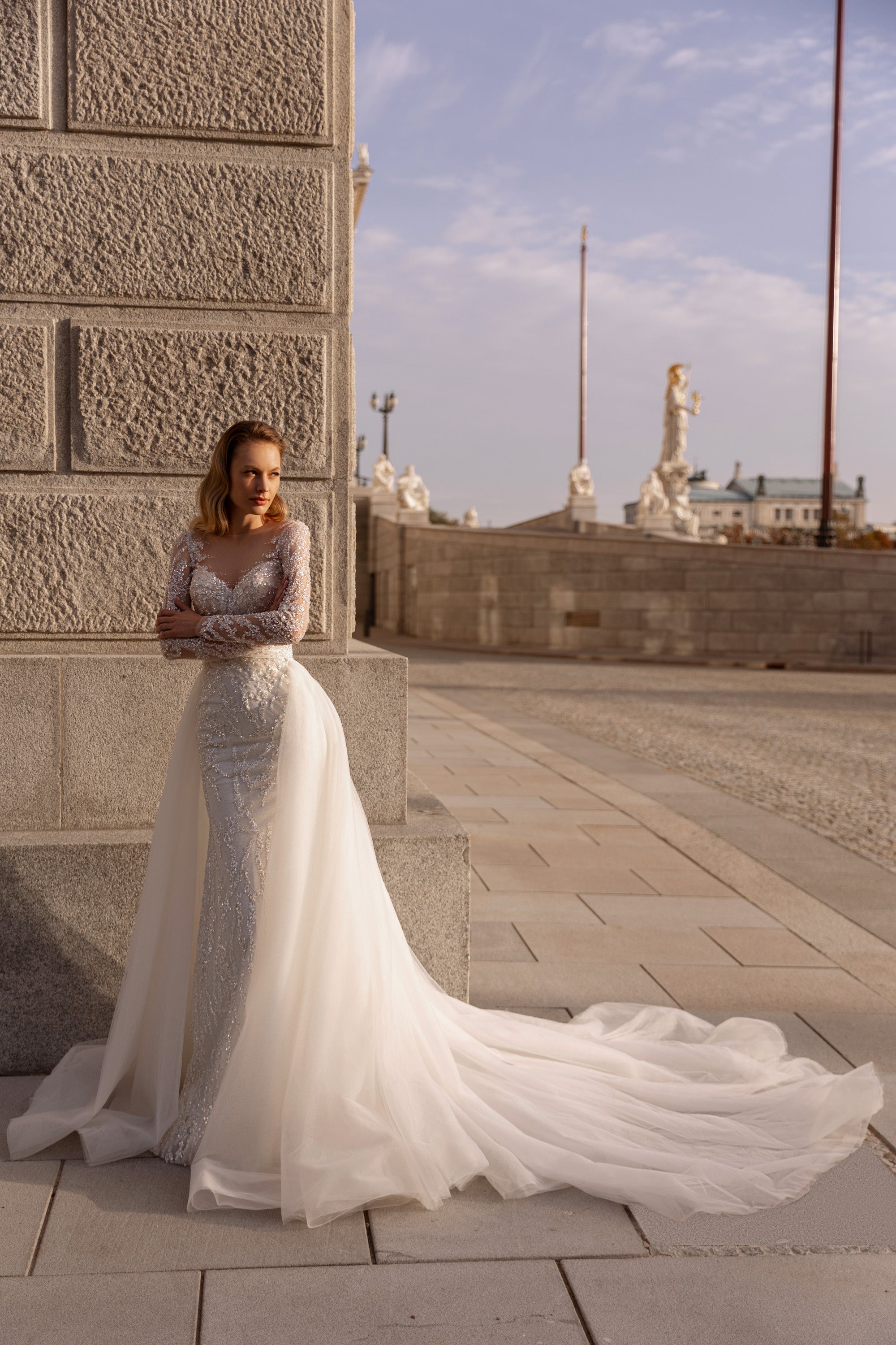 Mermaid Wedding Dress with Lace Appliqués, Beading and Crystals, Illusion Sweetheart Neckline, Long Sleeves, Tulle Overlay and Cathedral Train