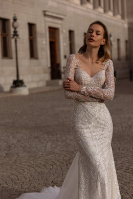 Mermaid Wedding Dress with Lace Appliqués, Beading and Crystals, Illusion Sweetheart Neckline, Long Sleeves, Tulle Overlay and Cathedral Train