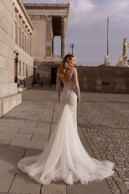 Mermaid Wedding Dress with Lace Appliqués, Beading and Crystals, Illusion Sweetheart Neckline, Long Sleeves, Tulle Overlay and Cathedral Train