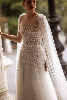 A-Line Wedding Dress With Tulle Skirt And Lace Appliqués, Illusion Neckline, Sleeveless, Cathedral Train