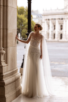 A-Line Wedding Dress With Tulle Skirt And Lace Appliqués, Illusion Neckline, Sleeveless, Cathedral Train