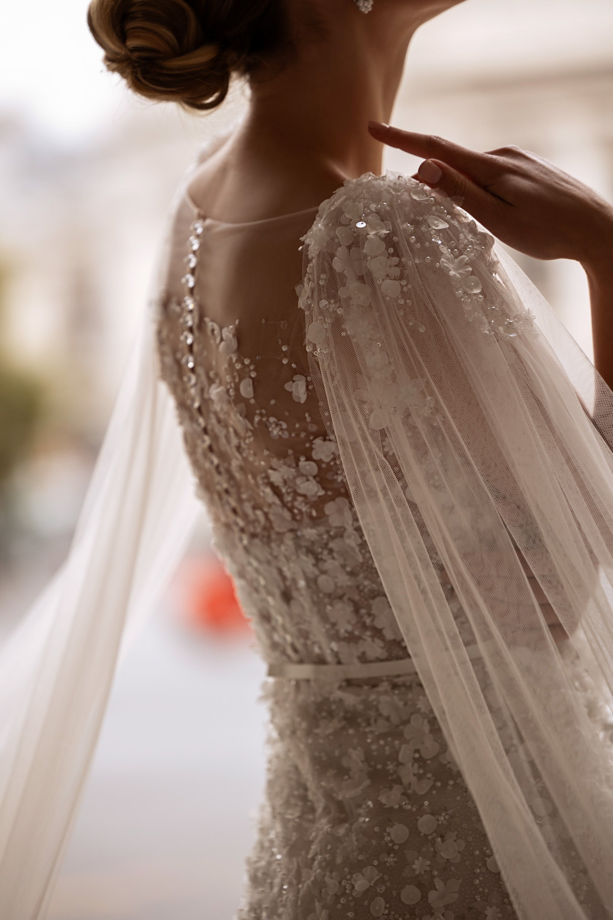 A-Line Wedding Dress With Tulle Skirt And Lace Appliqués, Illusion Neckline, Sleeveless, Cathedral Train