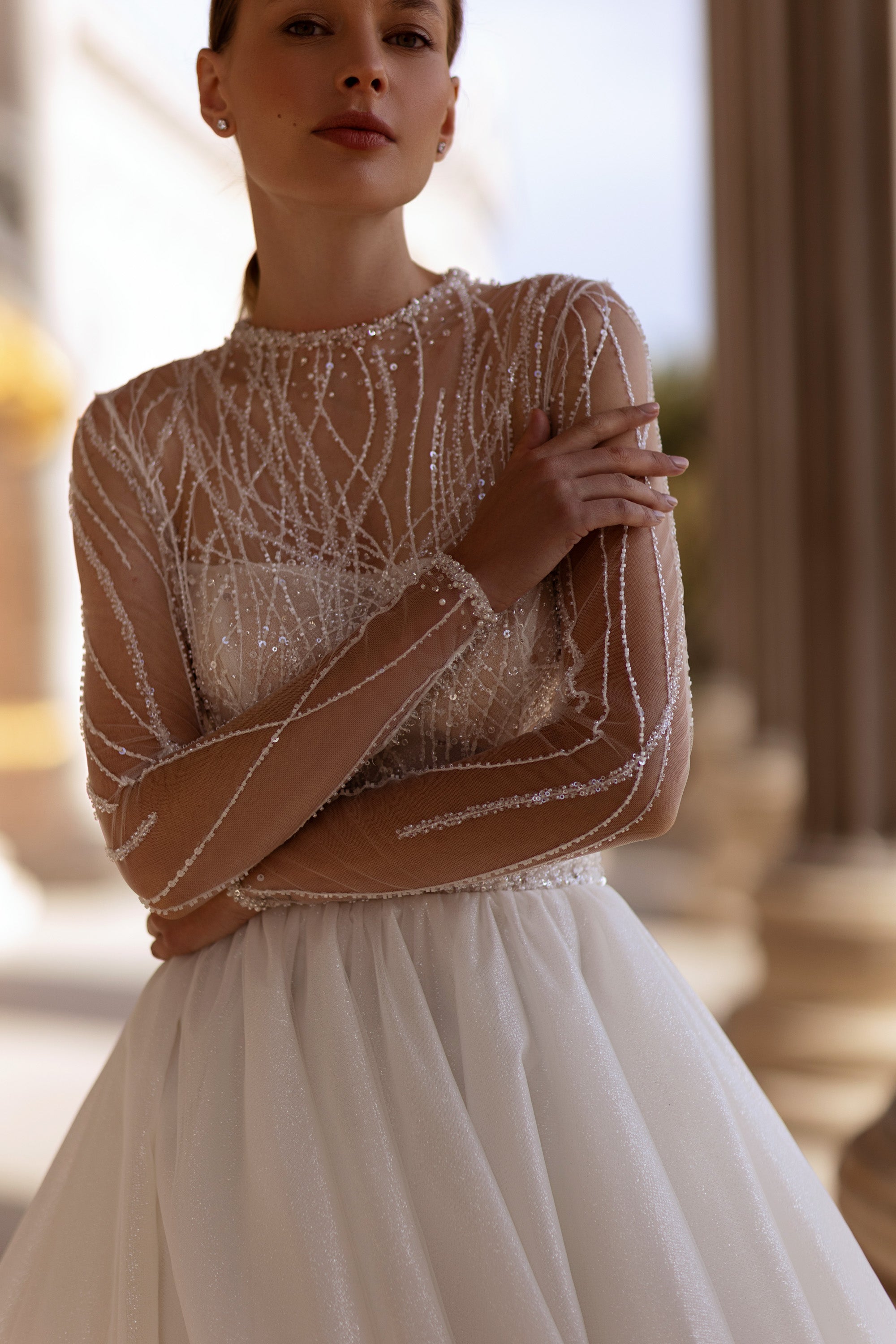 Ball Gown Romantic Wedding Dress With Beaded Lace Appliqués, Illusion High Neckline, Long Sleeves, Tulle Skirt, Cathedral Train