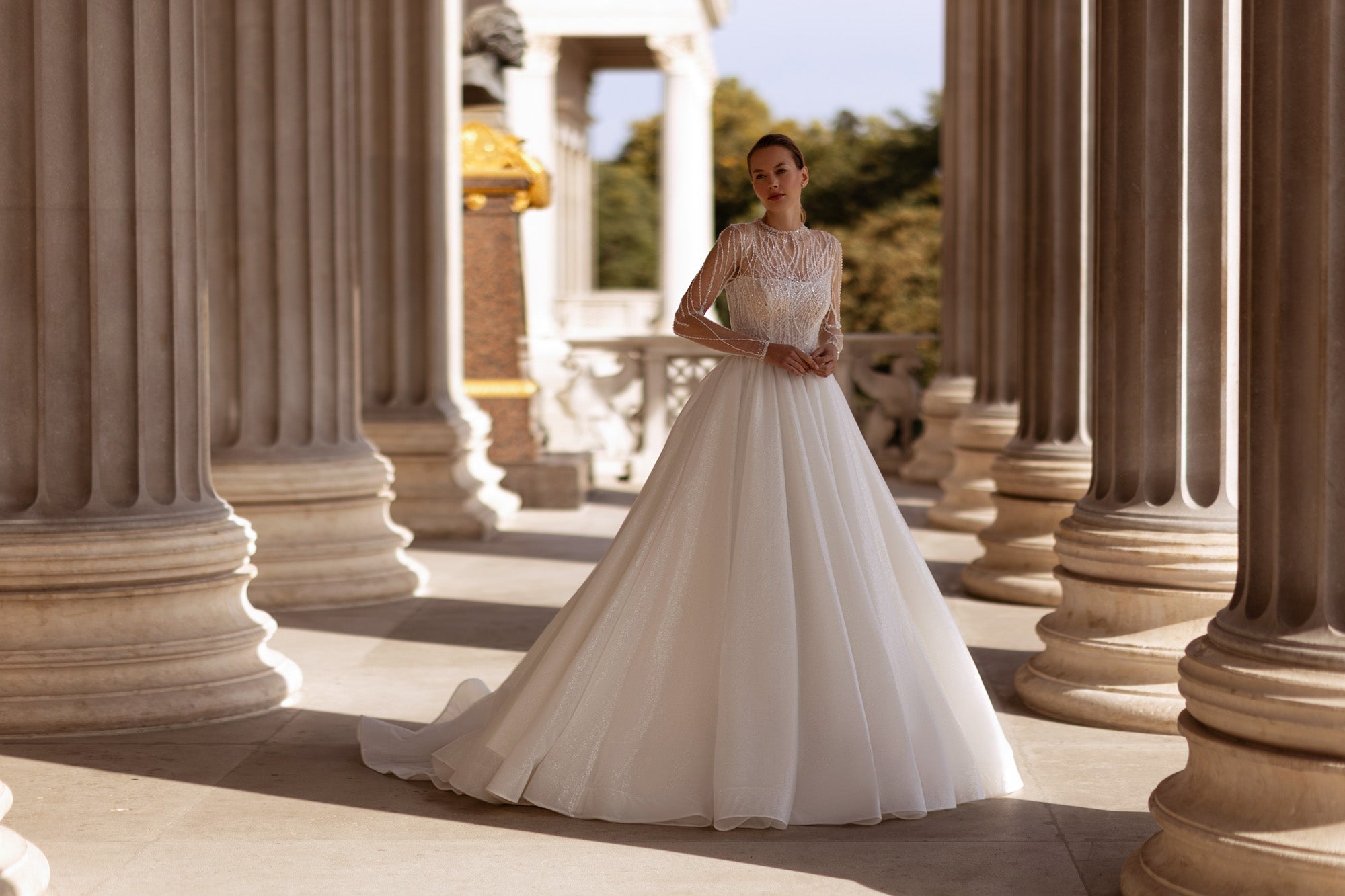 Ball Gown Romantic Wedding Dress With Beaded Lace Appliqués, Illusion High Neckline, Long Sleeves, Tulle Skirt, Cathedral Train