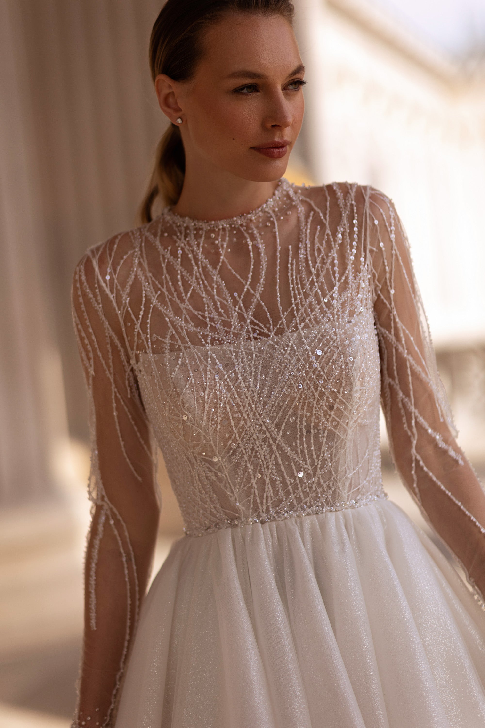 Ball Gown Romantic Wedding Dress With Beaded Lace Appliqués, Illusion High Neckline, Long Sleeves, Tulle Skirt, Cathedral Train