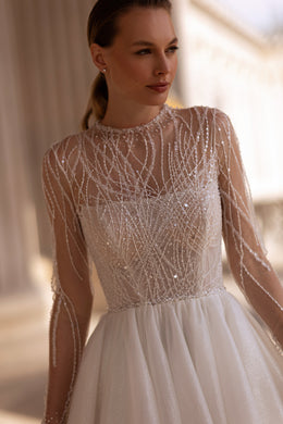 Ball Gown Romantic Wedding Dress With Beaded Lace Appliqués, Illusion High Neckline, Long Sleeves, Tulle Skirt, Cathedral Train
