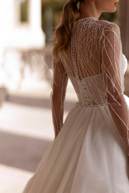 Ball Gown Romantic Wedding Dress With Beaded Lace Appliqués, Illusion High Neckline, Long Sleeves, Tulle Skirt, Cathedral Train