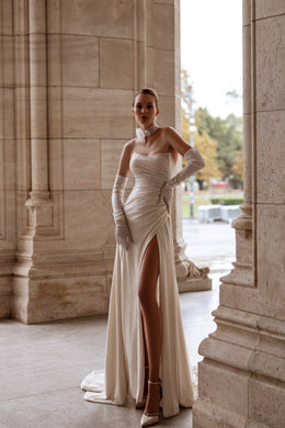 A-Line Strapless Satin Wedding Dress with Cathedral Train, High Slit and Elegant Flowing Skirt