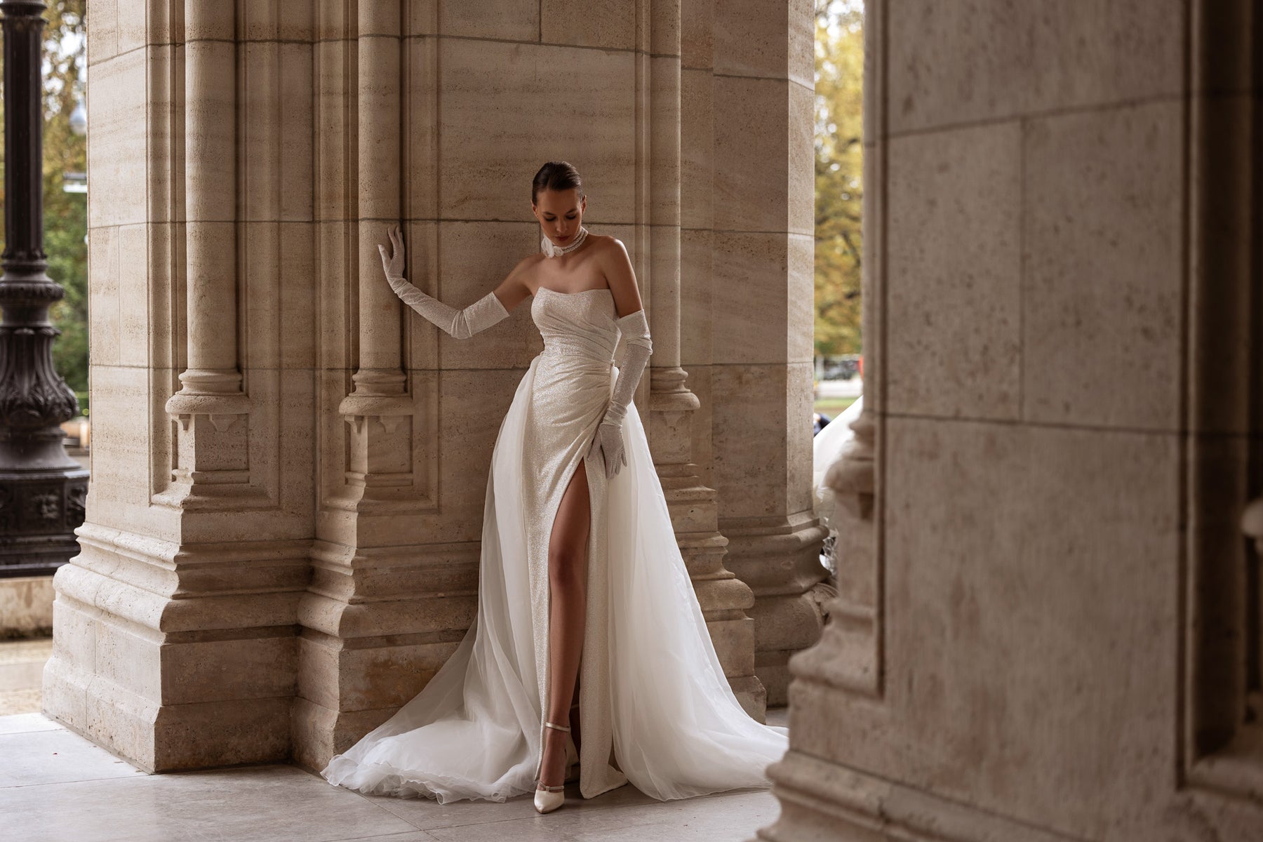 A-Line Strapless Satin Wedding Dress with Cathedral Train, High Slit and Elegant Flowing Skirt