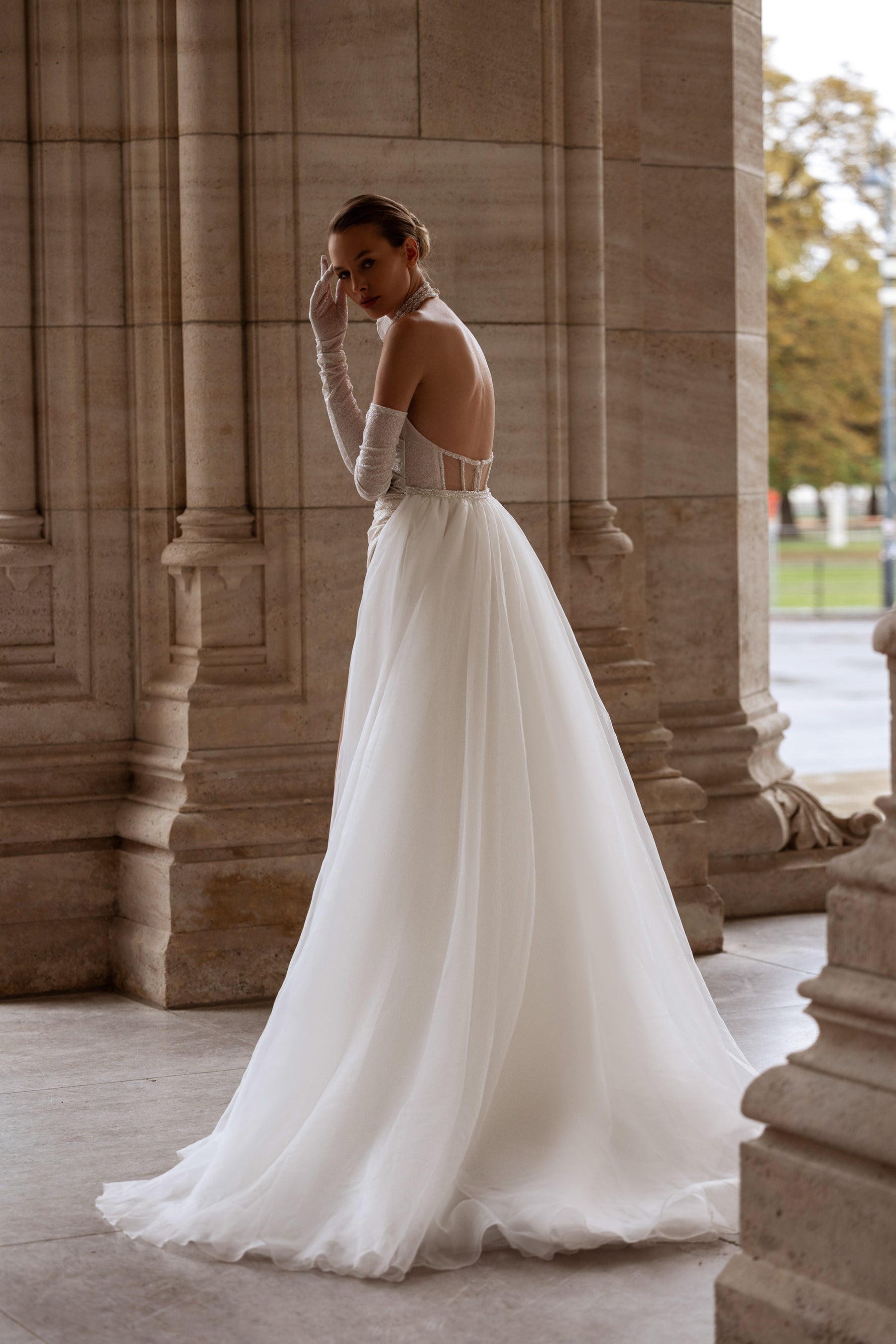 A-Line Strapless Satin Wedding Dress with Cathedral Train, High Slit and Elegant Flowing Skirt