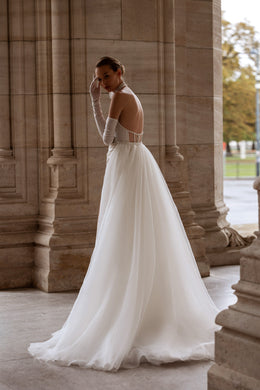 A-Line Strapless Satin Wedding Dress with Cathedral Train, High Slit and Elegant Flowing Skirt