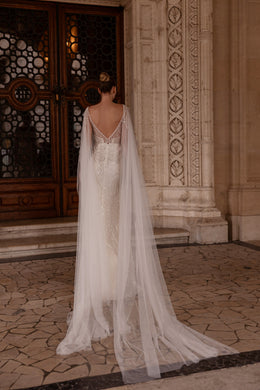 Mermaid Wedding Dress With Lace Appliqués And Beading, V-Neck Illusion Tulle Cape, Sequins Embellishments And Cathedral Train