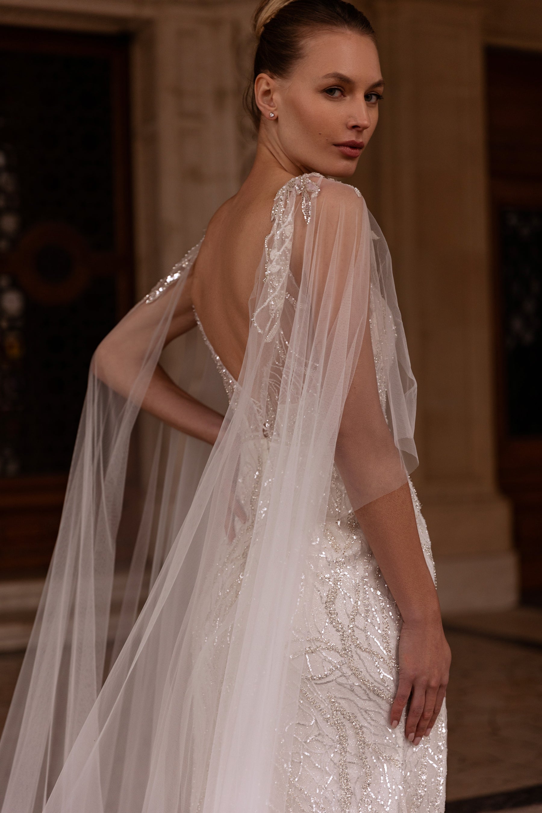 Mermaid Wedding Dress With Lace Appliqués And Beading, V-Neck Illusion Tulle Cape, Sequins Embellishments And Cathedral Train