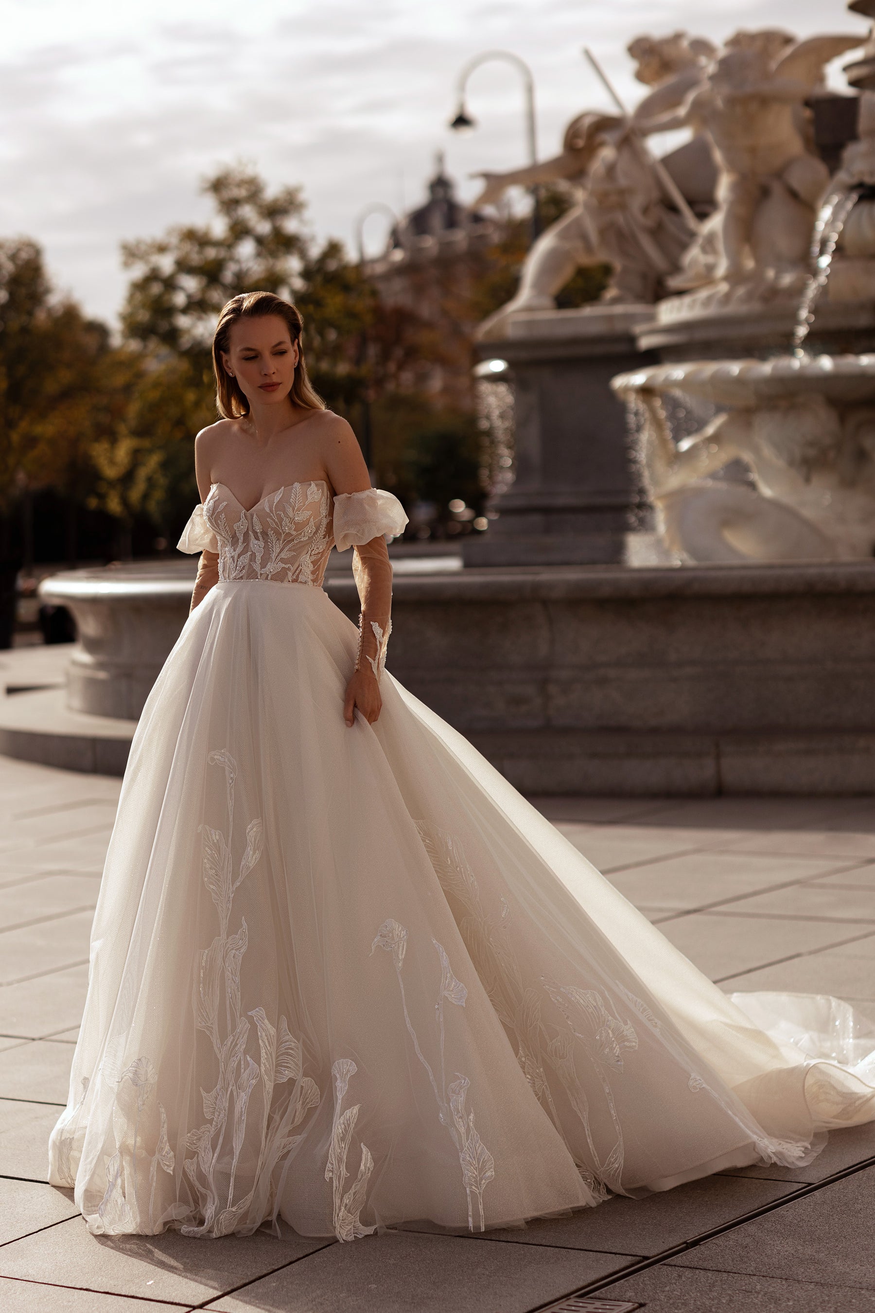 A-Line Tulle Wedding Dress with Lace Appliqués, Off-the-Shoulder Neckline, Short Puff Sleeves, Embroidered Bodice, Cathedral Train