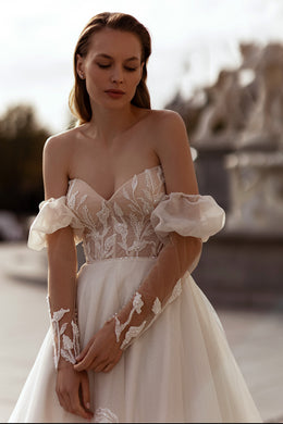A-Line Tulle Wedding Dress with Lace Appliqués, Off-the-Shoulder Neckline, Short Puff Sleeves, Embroidered Bodice, Cathedral Train