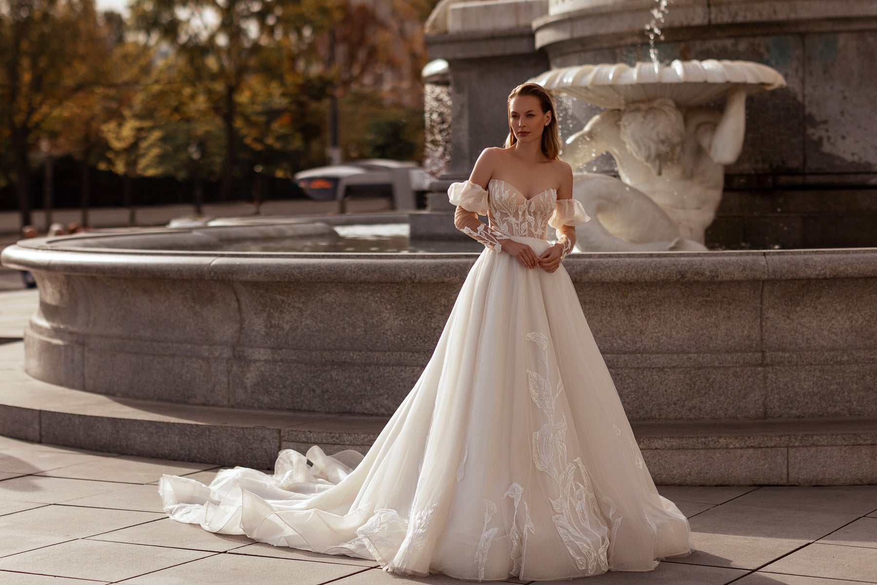 A-Line Tulle Wedding Dress with Lace Appliqués, Off-the-Shoulder Neckline, Short Puff Sleeves, Embroidered Bodice, Cathedral Train