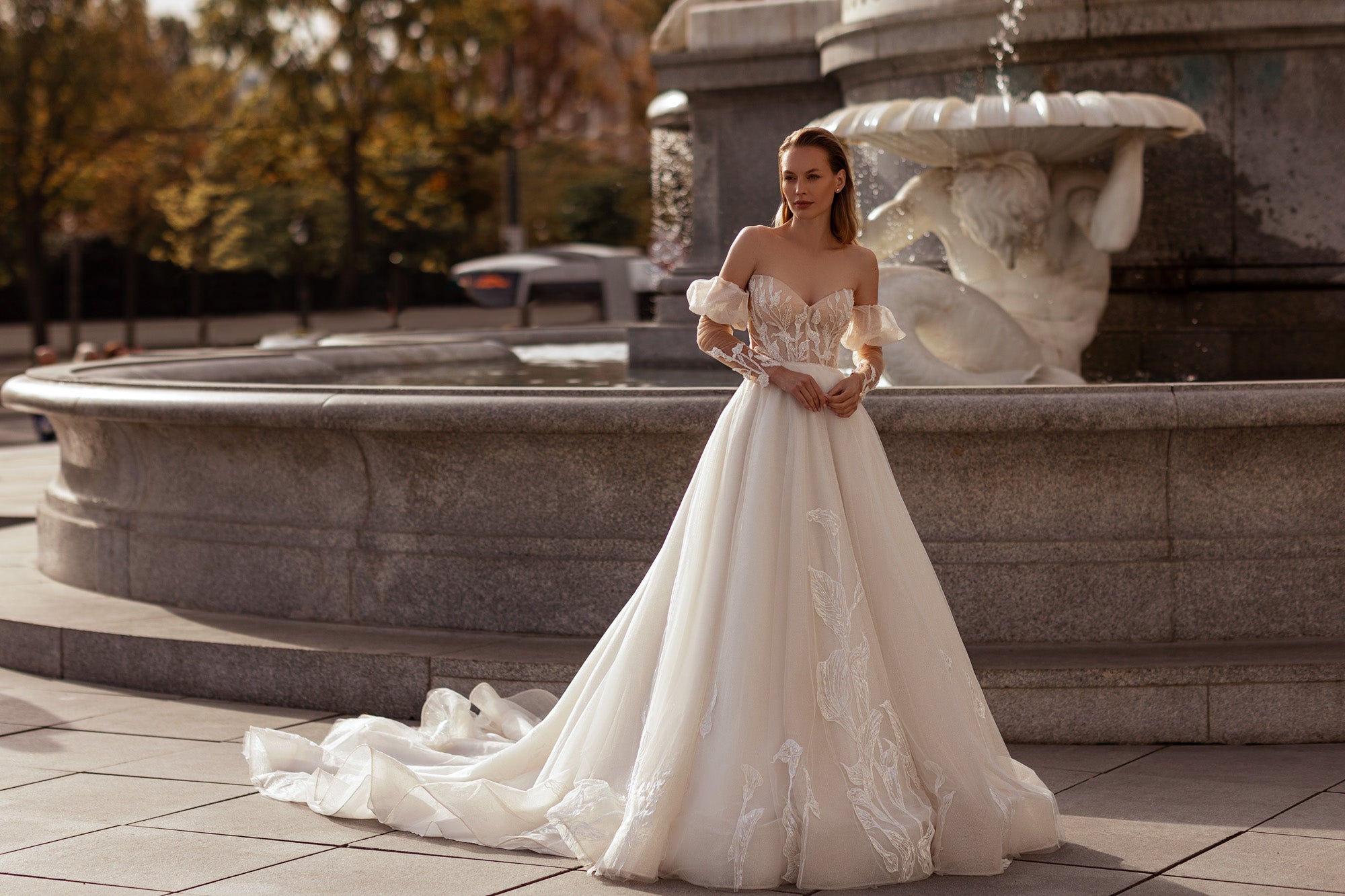 A-Line Tulle Wedding Dress with Lace Appliqués, Off-the-Shoulder Neckline, Short Puff Sleeves, Embroidered Bodice, Cathedral Train