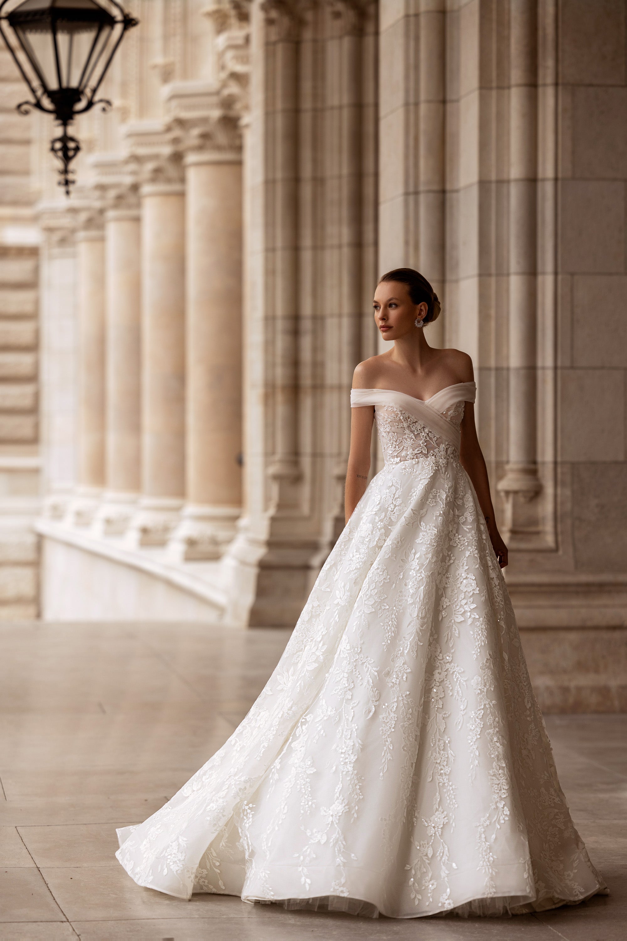 A-Line Wedding Dress with Lace Over Tulle and Floral Lace Appliqués, Off-the-Shoulder Neckline, Sleeveless, Embroidered Bodice, Cathedral Train
