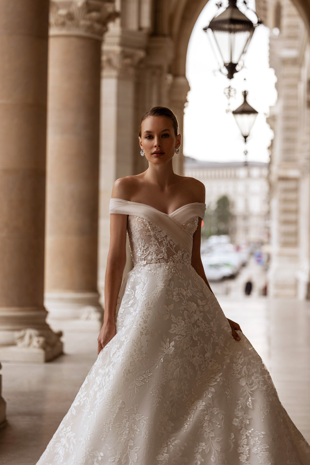 A-Line Wedding Dress with Lace Over Tulle and Floral Lace Appliqués, Off-the-Shoulder Neckline, Sleeveless, Embroidered Bodice, Cathedral Train