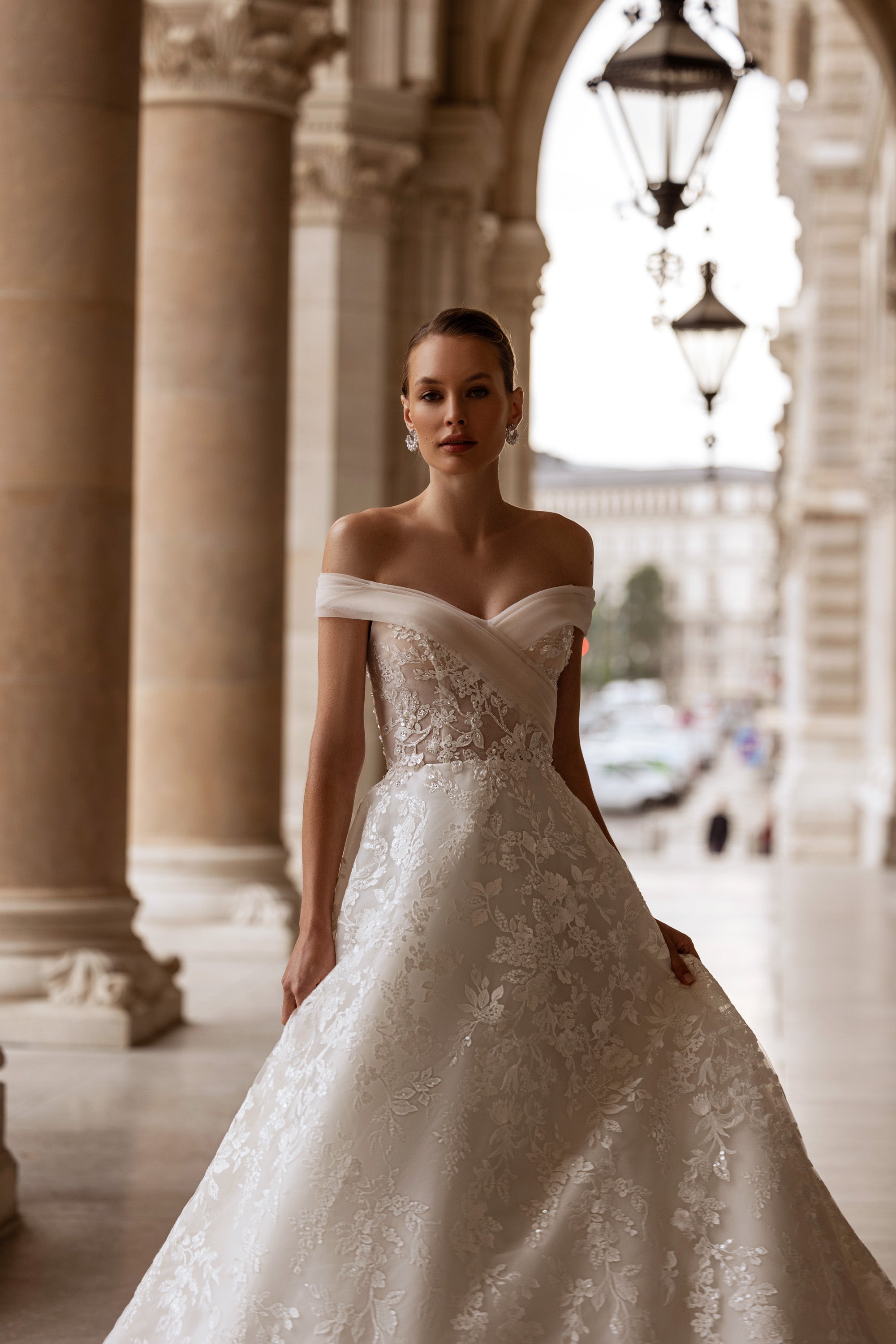 A-Line Wedding Dress with Lace Over Tulle and Floral Lace Appliqués, Off-the-Shoulder Neckline, Sleeveless, Embroidered Bodice, Cathedral Train