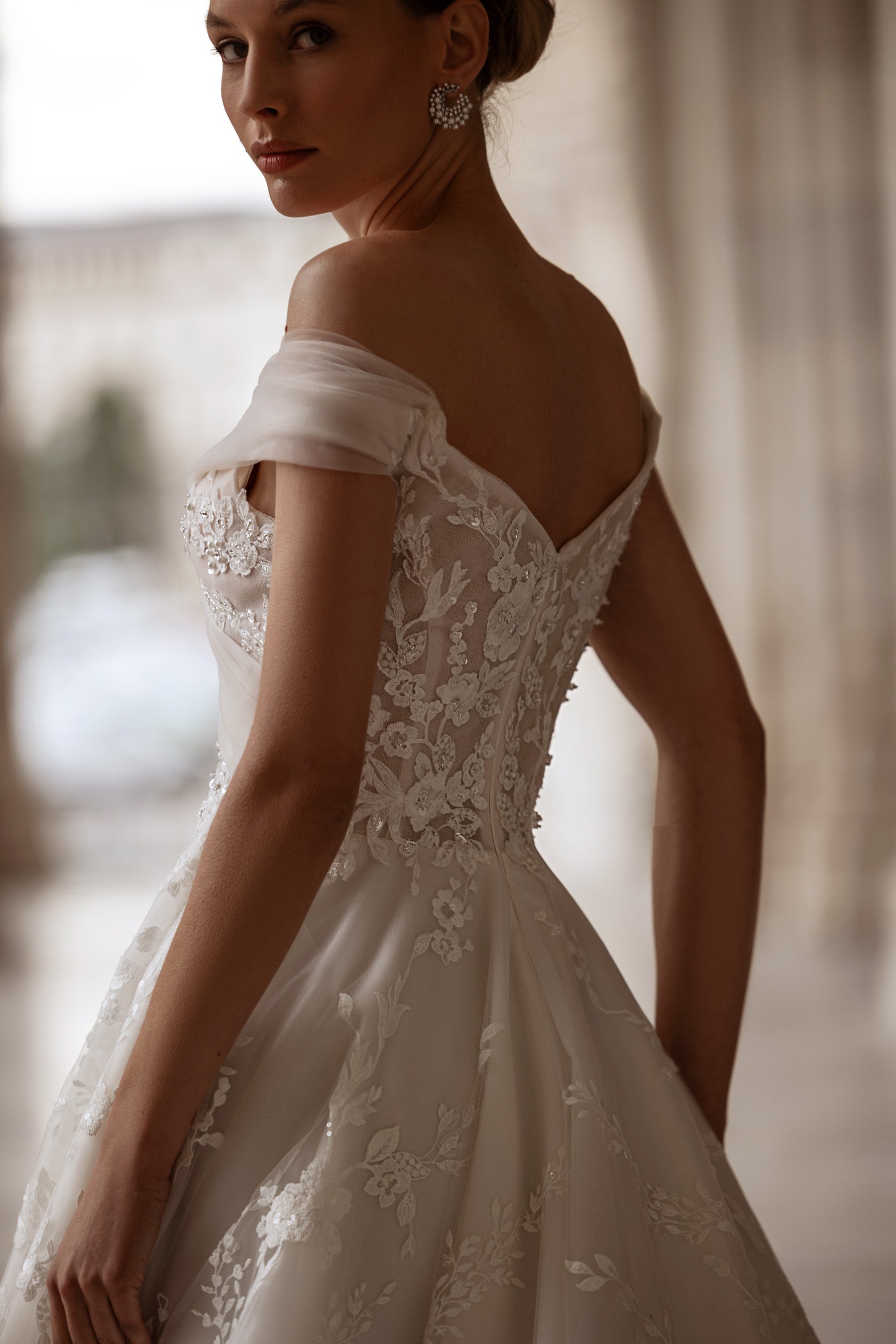 A-Line Wedding Dress with Lace Over Tulle and Floral Lace Appliqués, Off-the-Shoulder Neckline, Sleeveless, Embroidered Bodice, Cathedral Train