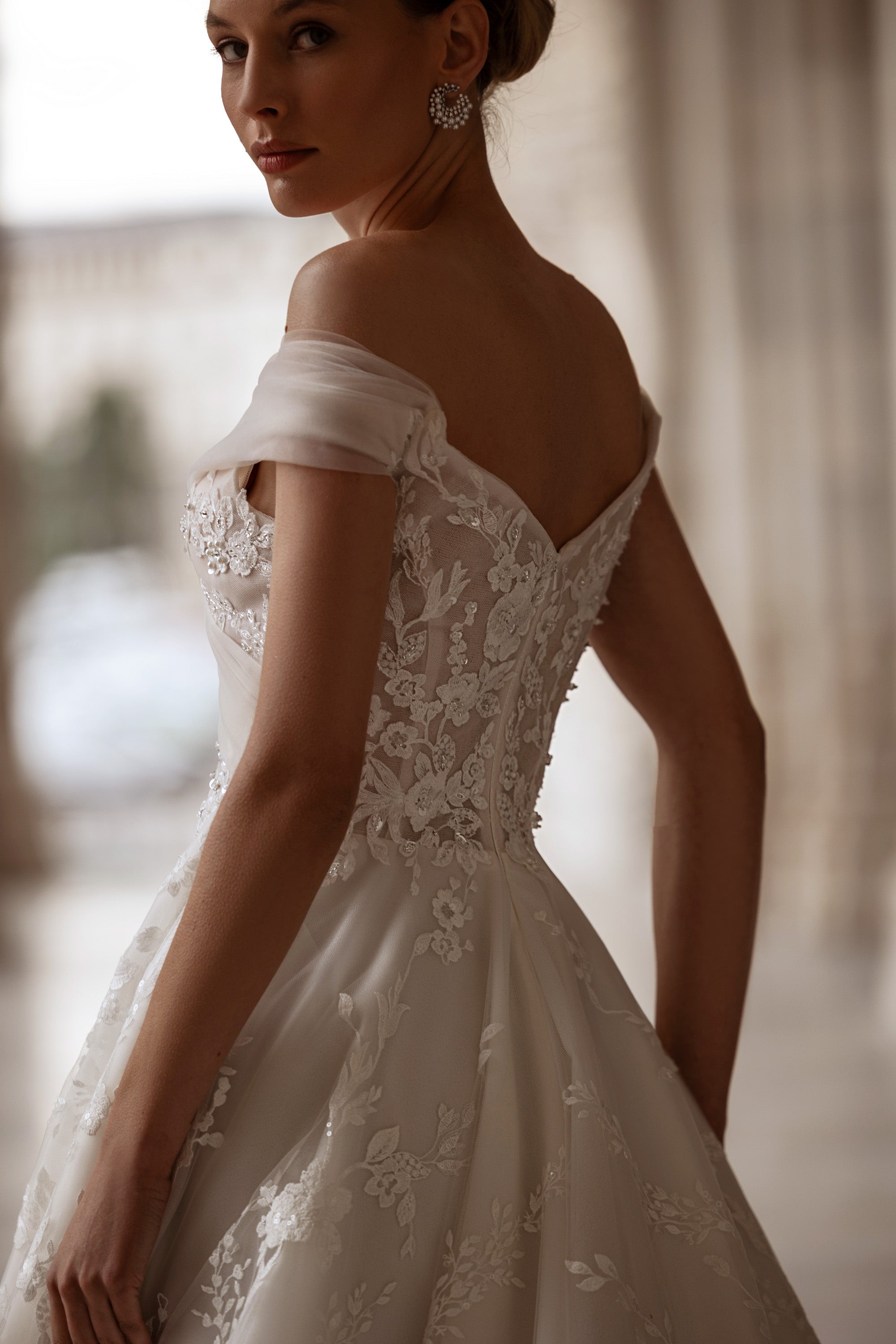 A-Line Wedding Dress with Lace Over Tulle and Floral Lace Appliqués, Off-the-Shoulder Neckline, Sleeveless, Embroidered Bodice, Cathedral Train