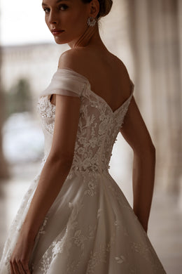 A-Line Wedding Dress with Lace Over Tulle and Floral Lace Appliqués, Off-the-Shoulder Neckline, Sleeveless, Embroidered Bodice, Cathedral Train