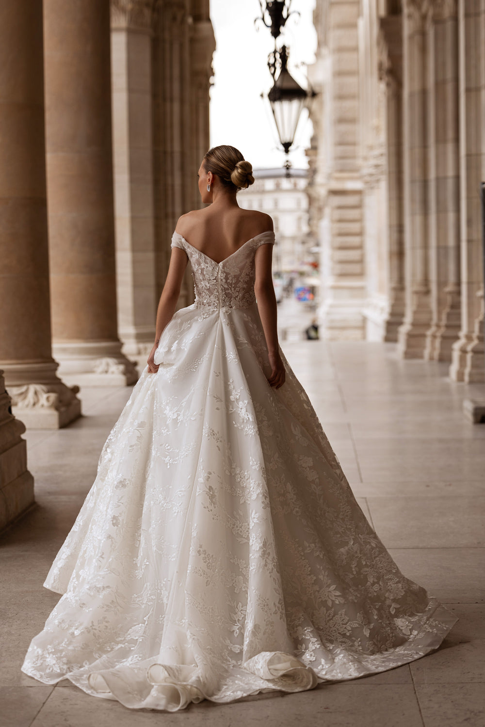 A-Line Wedding Dress with Lace Over Tulle and Floral Lace Appliqués, Off-the-Shoulder Neckline, Sleeveless, Embroidered Bodice, Cathedral Train