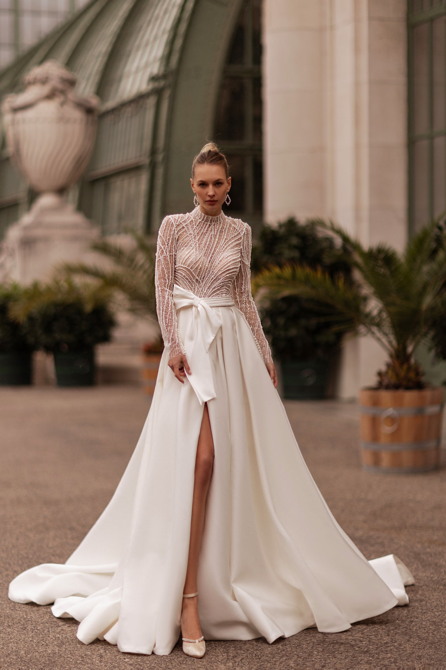 Exquisite A-Line Wedding Dress With Satin Skirt, Beaded Bodice, Illusion Tulle Long Sleeves, Bow At Waist, Cathedral Train