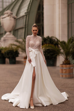 Exquisite A-Line Wedding Dress With Satin Skirt, Beaded Bodice, Illusion Tulle Long Sleeves, Bow At Waist, Cathedral Train