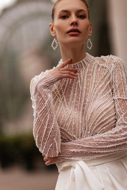 Exquisite A-Line Wedding Dress With Satin Skirt, Beaded Bodice, Illusion Tulle Long Sleeves, Bow At Waist, Cathedral Train