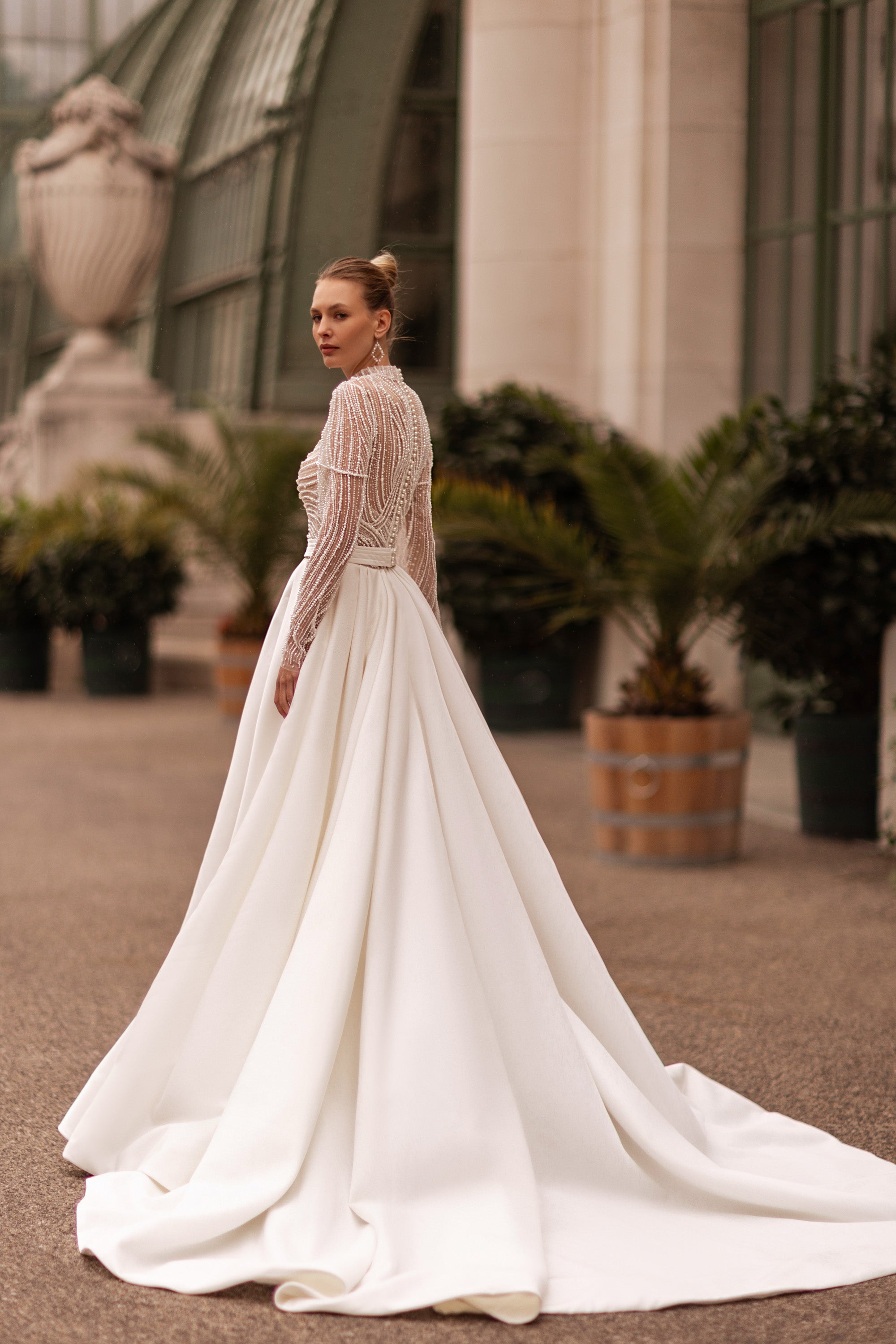 Exquisite A-Line Wedding Dress With Satin Skirt, Beaded Bodice, Illusion Tulle Long Sleeves, Bow At Waist, Cathedral Train