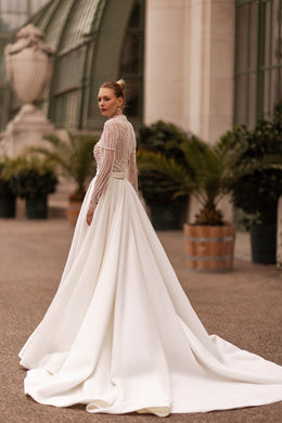 Exquisite A-Line Wedding Dress With Satin Skirt, Beaded Bodice, Illusion Tulle Long Sleeves, Bow At Waist, Cathedral Train