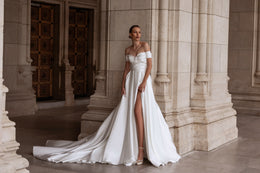 A-Line Satin Off-the-Shoulder Wedding Dress, Floor-Length with Cathedral Train and Subtle Side Slit