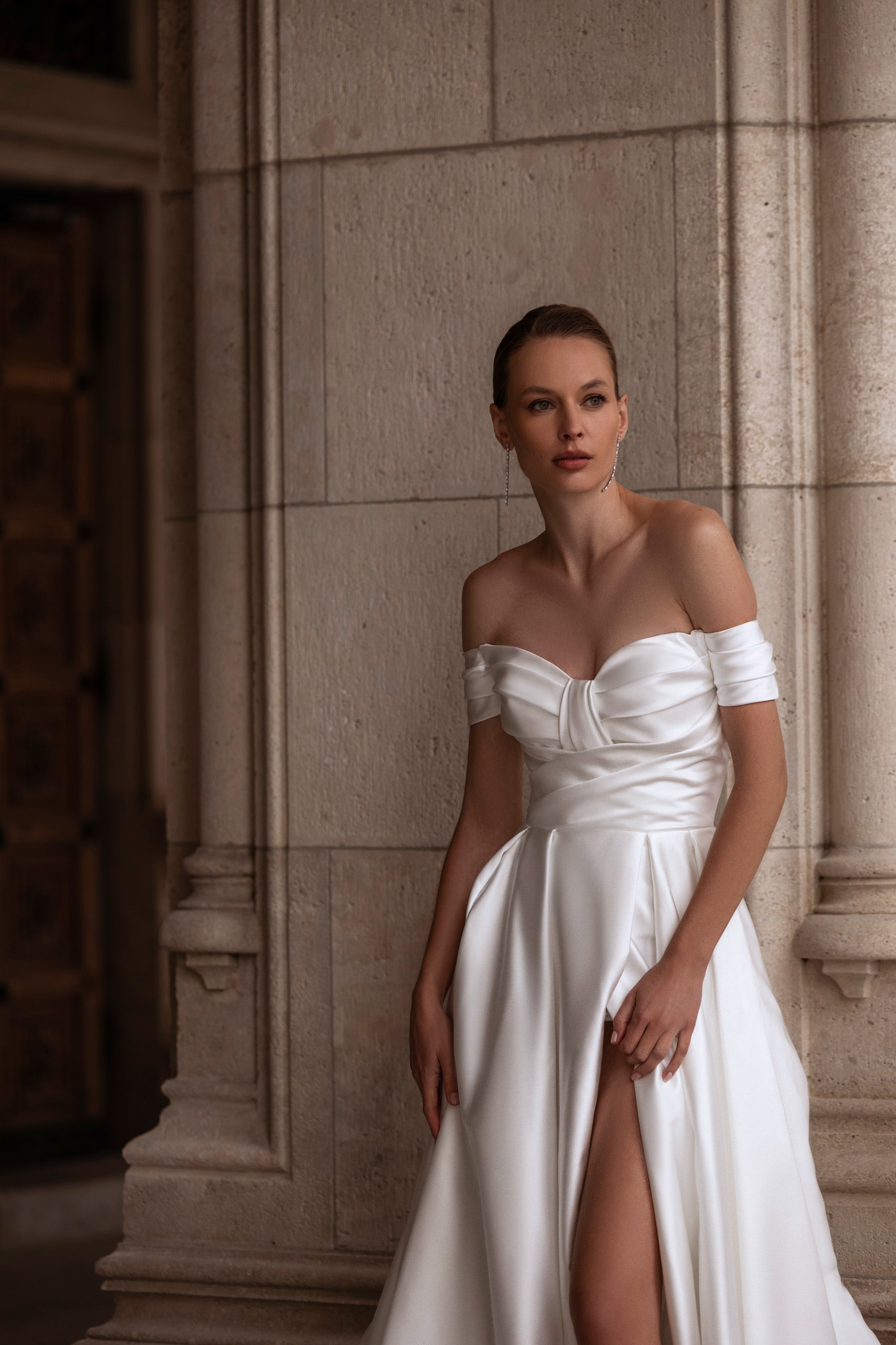 A-Line Satin Off-the-Shoulder Wedding Dress, Floor-Length with Cathedral Train and Subtle Side Slit