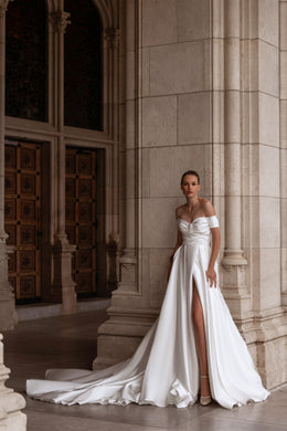 A-Line Satin Off-the-Shoulder Wedding Dress, Floor-Length with Cathedral Train and Subtle Side Slit