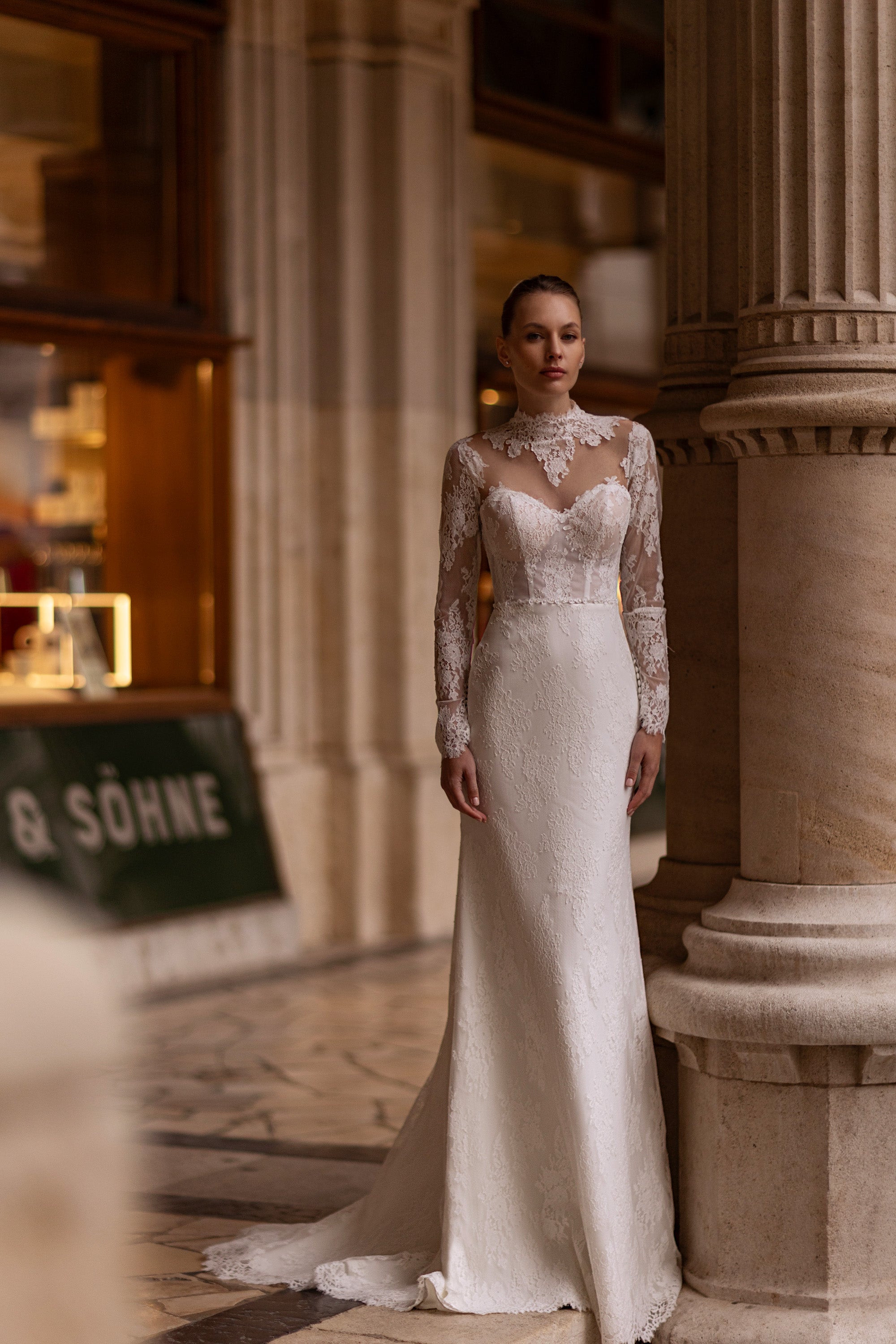 Ball Gown Wedding Dress with Lace Appliqués, Illusion High Neckline, Long Sleeves, Tulle Skirt and Cathedral Train