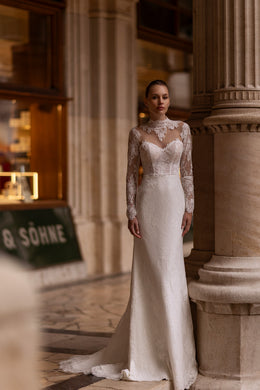 Ball Gown Wedding Dress with Lace Appliqués, Illusion High Neckline, Long Sleeves, Tulle Skirt and Cathedral Train